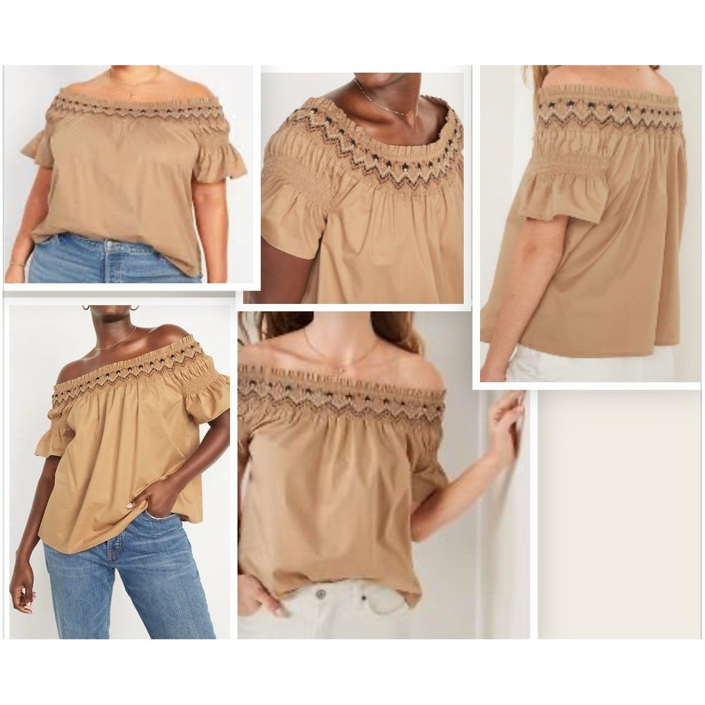 Old Navy Tan Peasant Top Smocked Embroidered Off The Shoulder Top 3XL